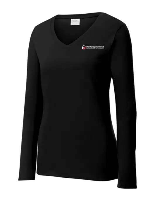 Womens V-Neck Ring Spun Jet Black 4.5 oz Long Sleeve T-Shirt w/The Management Trust Logo