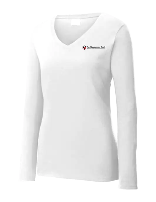 Womens  V-Neck Ring Spun White 4.5 oz Long Sleeve T-Shirt w/The Management Trust Logo