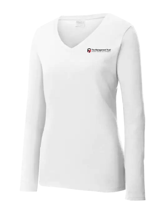 Womens  V-Neck Ring Spun White 4.5 oz Long Sleeve T-Shirt w/The Management Trust Logo