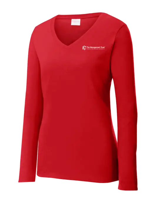Womens  V-Neck Ring Spun Bright Red 4.5 oz Long Sleeve T-Shirt w/The Management Trust Logo
