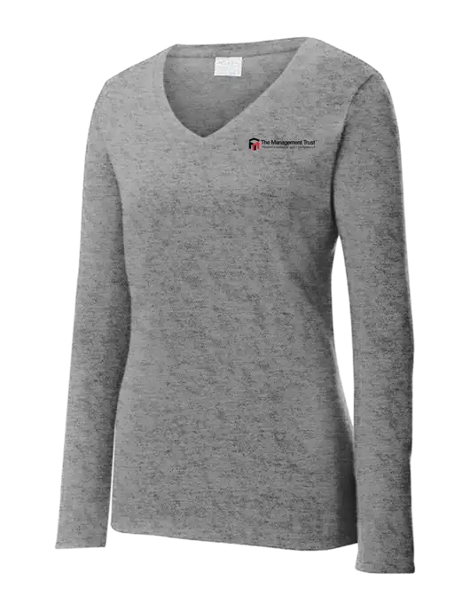 Womens  V-Neck Ring Spun Grey Heather 4.5 oz Long Sleeve T-Shirt w/The Management Trust Logo
