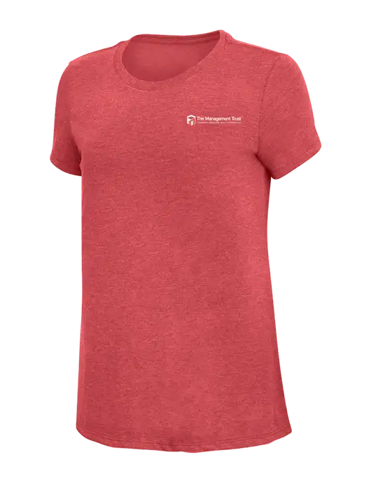 Womens Simply Soft Red Frost 4.5oz Poly/Combed Ring Spun Cotton T-Shirt w/The Management Trust Logo