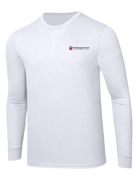 Simply Soft Long Sleeve White 4.5 oz, Poly/Combed Ring Spun Cotton T-Shirt w/The Management Trust Logo
