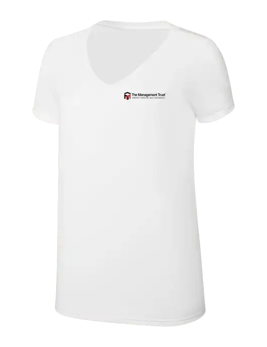 Womens Simply Soft V-Neck White 4.5oz  Poly/Combed Ring Spun Cotton T-Shirt w/The Management Trust Logo