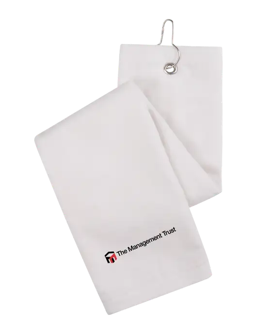 White Tri-Fold Golf Towel with Grommet w/The Management Trust Logo