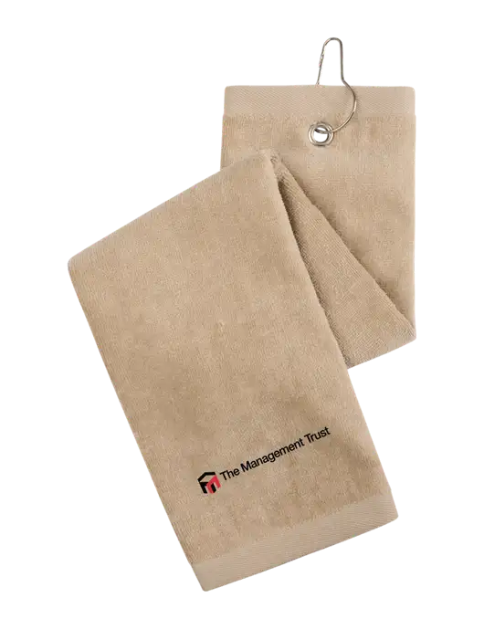 Khaki Tri-Fold Golf Towel with Grommet w/The Management Trust Logo