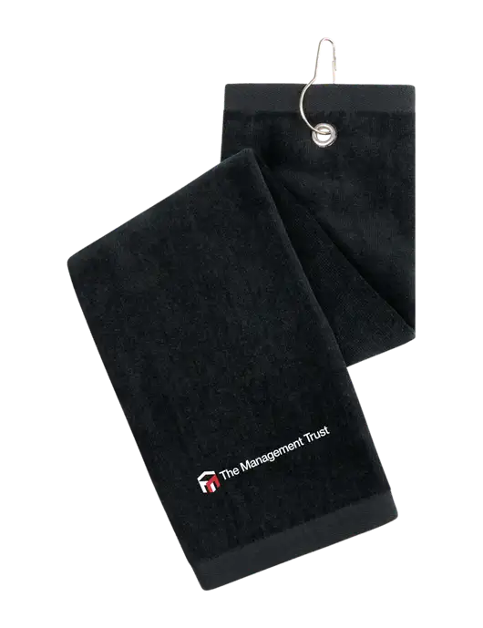 Black Tri-Fold Golf Towel with Grommet w/The Management Trust Logo