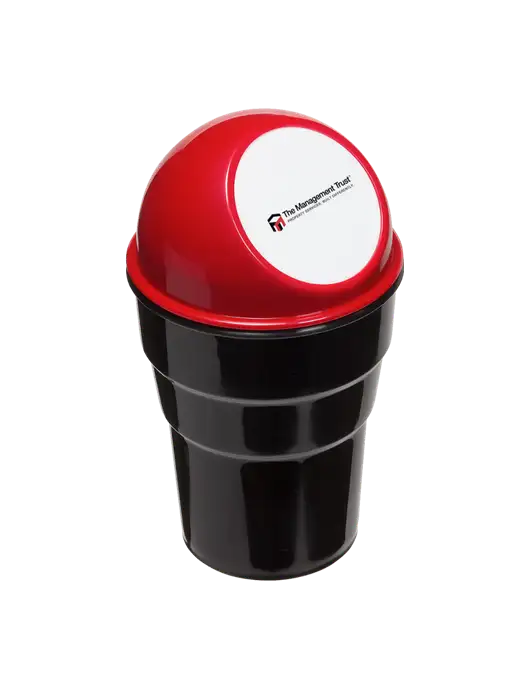 Red Car Cup Holder Trash Can w/The Management Trust Logo