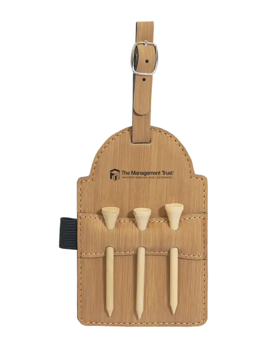 Bamboo Leatherette Golf Bag Tag with 3 Wooden Tees w/The Management Trust Logo