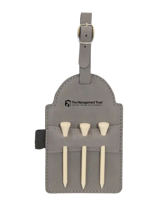 Grey Leatherette Golf Bag Tag with 3 Wooden Tees w/The Management Trust Logo