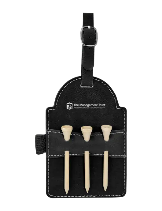 Black Leatherette Golf Bag Tag with 3 Wooden Tees w/The Management Trust Logo