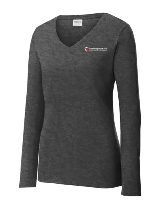 Womens  V-Neck Ring Spun Dark Heather Grey 4.5 oz Long Sleeve T-Shirt w/The Management Trust Logo