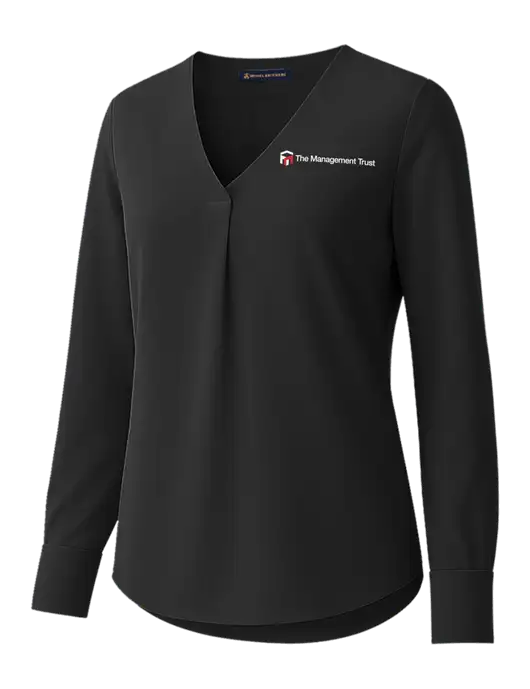 Brooks Brothers Womens Black Open-Neck Satin Blouse  w/The Management Trust Logo