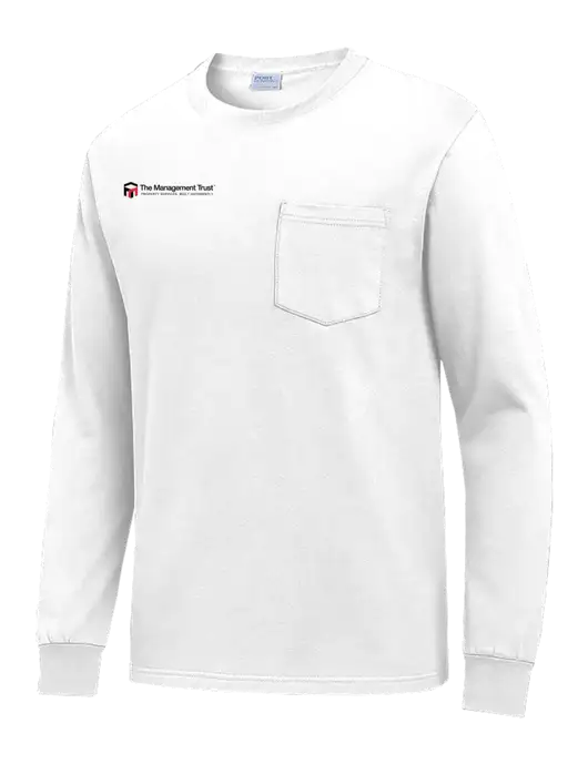 White Long Sleeve Heavyweight 6.1 oz Pocket T-Shirt w/The Management Trust Logo