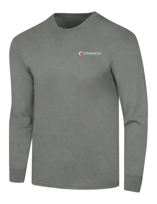 Simply Soft Long Sleeve Heathered Charcoal 4.5 oz, Poly/Combed Ring Spun Cotton T-Shirt w/The Management Trust Logo