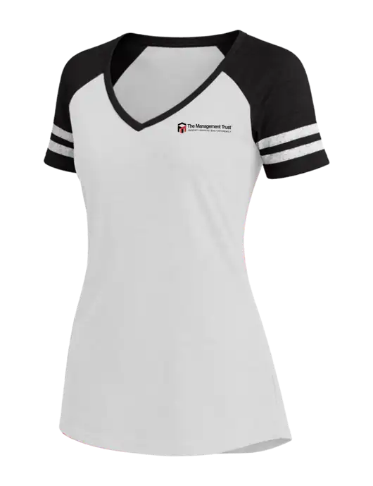 Womens White/Black V-Neck Game Tee w/The Management Trust Logo