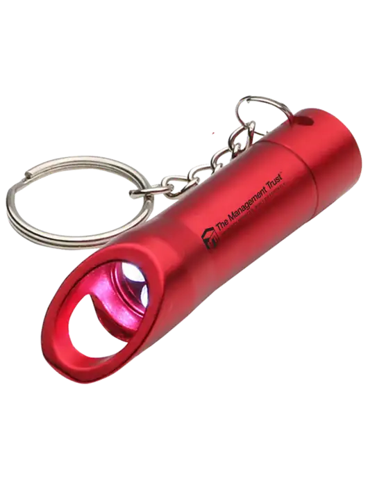 Red Pocket LED Flashlight with Bottle Opener & Keychain w/The Management Trust Logo