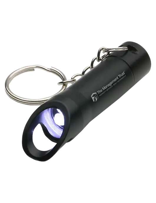 Black Pocket LED Flashlight with Bottle Opener & Keychain w/The Management Trust Logo