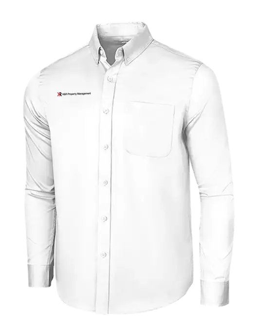 Long Sleeve White Superpro React Twill Shirt w/K&R Property Management Logo
