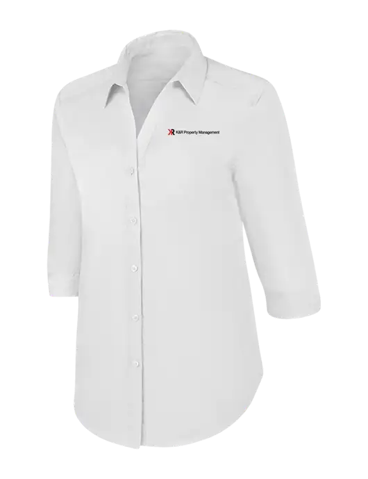 Womens White 3/4 Sleeve Carefree Poplin Shirt w/K&R Property Management Logo