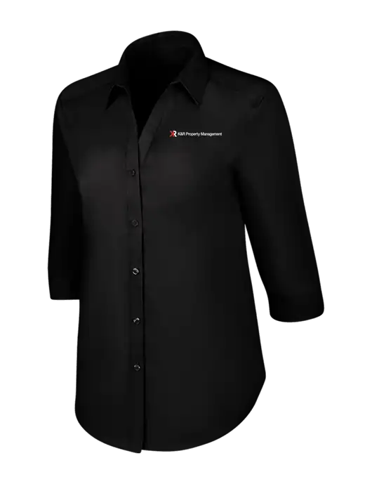 Womens Black 3/4 Sleeve Carefree Poplin Shirt w/K&R Property Management Logo