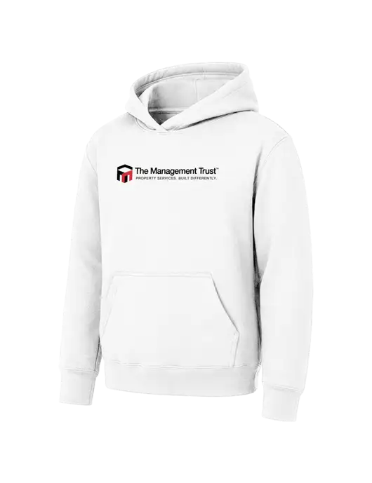 Youth White 7.8 oz Pullover Hooded Sweatshirt w/The Management Trust Logo