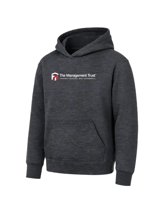 Youth Dark Heather Grey 7.8 oz Pullover Hooded Sweatshirt w/The Management Trust Logo