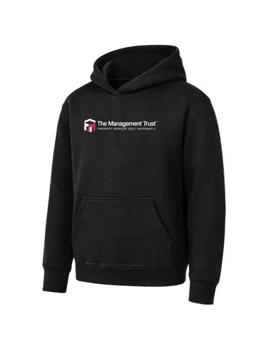 Youth Black 7.8 oz Pullover Hooded Sweatshirt w/The Management Trust Logo
