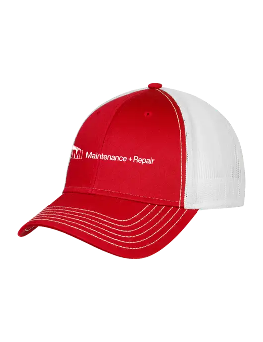 Red/White Mesh Trucker Cap Snap Back w/HMI Maintenance + Repair Logo