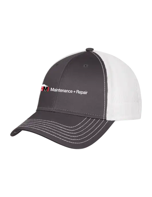 Dark Grey/White Mesh Trucker Cap Snap Back w/HMI Maintenance + Repair Logo