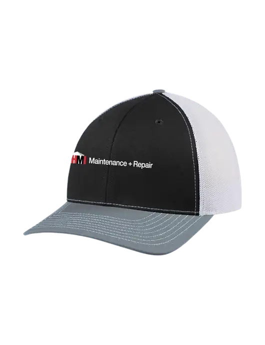 Richardson Adjustable Snapback Original 112 Trucker Cap Black/Light Heather Grey/White Mesh w/HMI Maintenance + Repair Logo