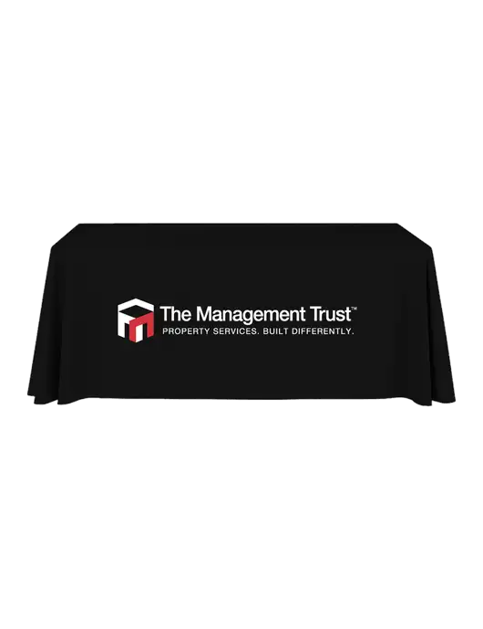 6' Stain-Resistant 4-Sided Black Table Cover w/The Management Trust Logo