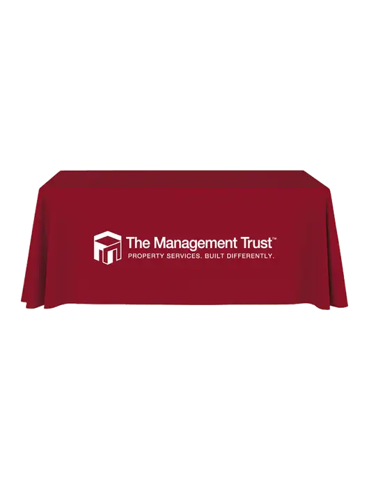 6' Stain-Resistant 4-Sided Red Table Cover w/The Management Trust Logo