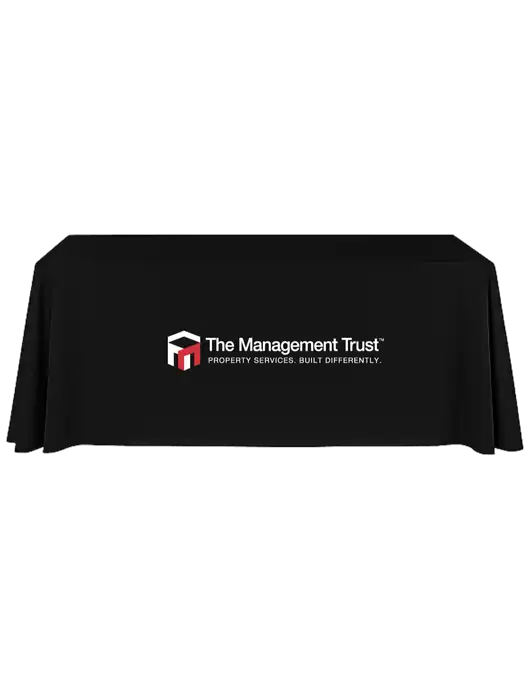 8' Stain-Resistant 4-Sided Black Table Cover w/The Management Trust Logo