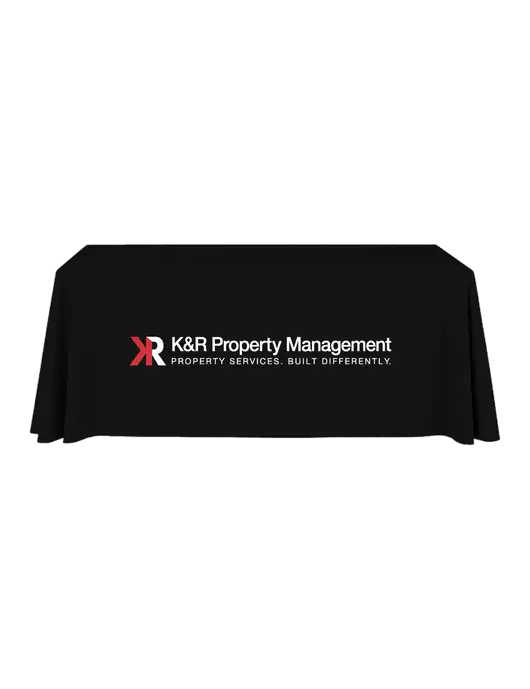 6' Stain-Resistant 4-Sided Black Table Cover w/K&R Property Management Logo