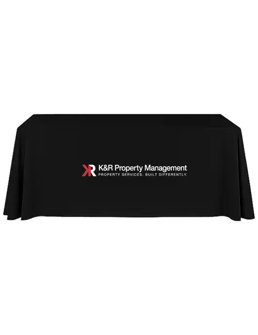 8' Stain-Resistant 4-Sided Black Table Cover w/K&R Property Management Logo