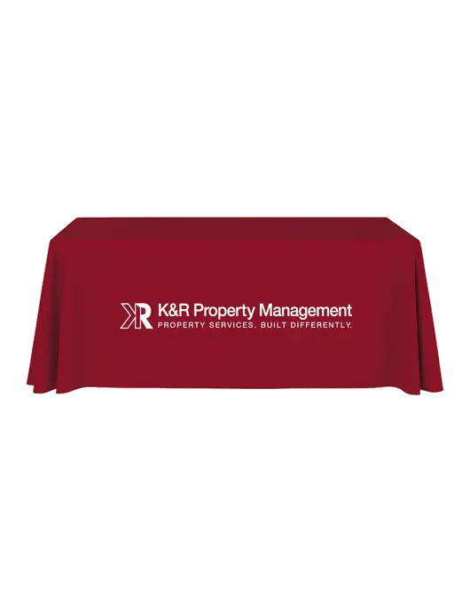6' Stain-Resistant 4-Sided Red Table Cover w/K&R Property Management Logo