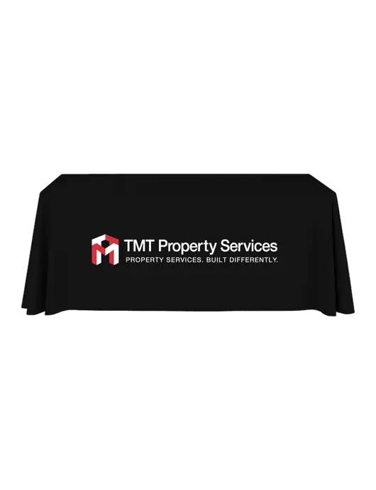 6' Stain-Resistant 4-Sided Black Table Cover w/TMT Property Services Logo