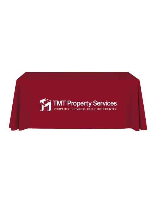 6' Stain-Resistant 4-Sided Red Table Cover w/TMT Property Services Logo