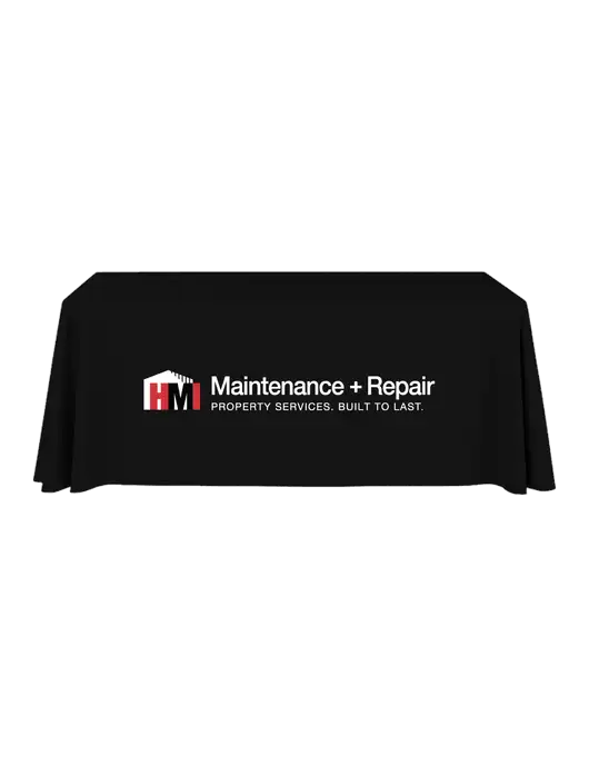 6' Stain-Resistant 4-Sided Black Table Cover w/HMI Maintenance + Repair Logo