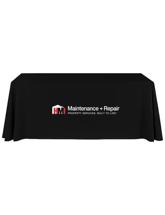 8' Stain-Resistant 4-Sided Black Table Cover w/HMI Maintenance + Repair Logo