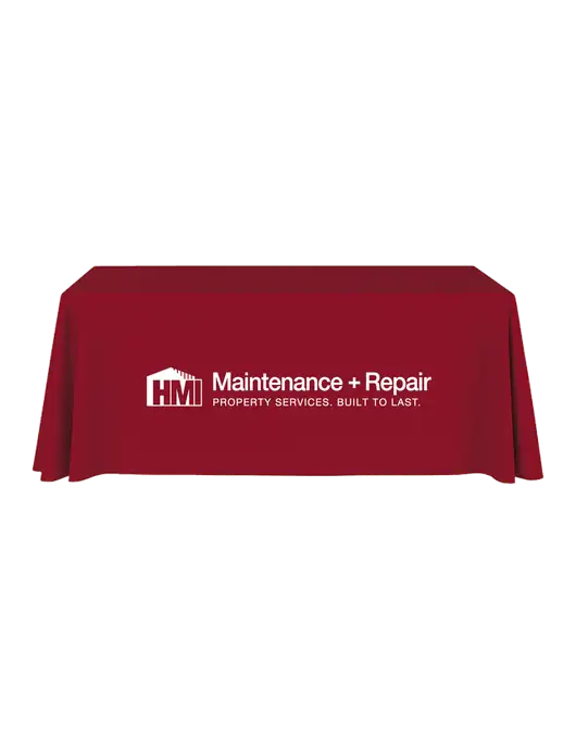 6' Stain-Resistant 4-Sided Red Table Cover w/HMI Maintenance + Repair Logo