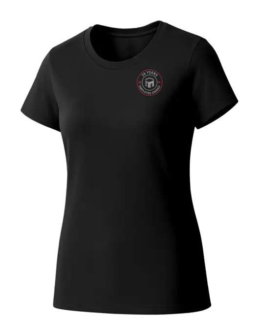 Womens Seriously Soft Black T-Shirt w/20 Years of Trust Logo