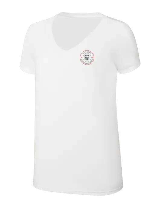 Womens Simply Soft V-Neck White 4.5oz  Poly/Combed Ring Spun Cotton T-Shirt w/20 Years of Trust Logo