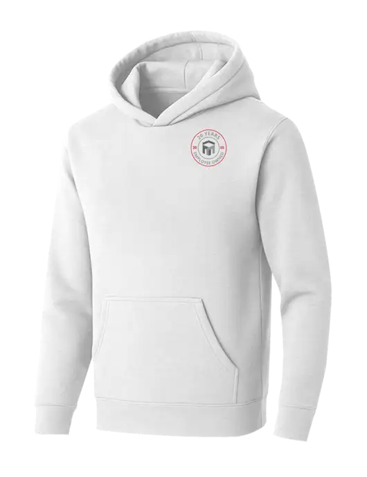 BELLA+CANVAS White Sponge Fleece Pullover Hoodie w/20 Years of Trust Logo