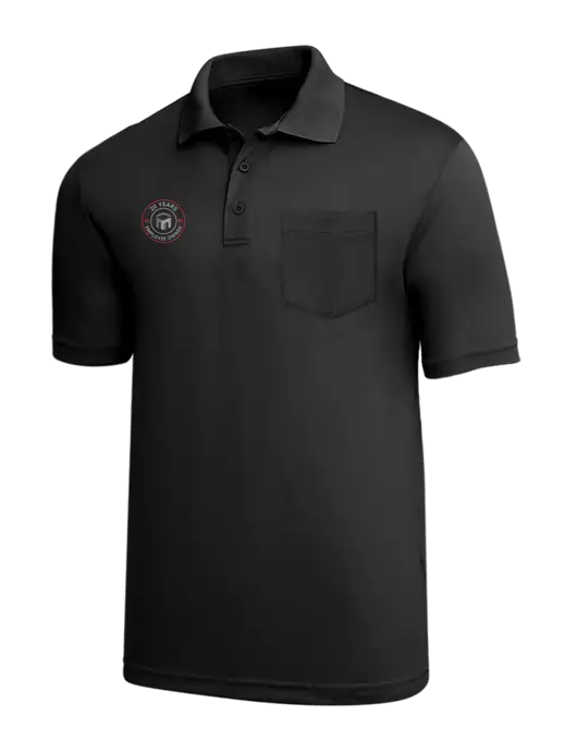 Silk Touch Black Performance Pocket Polo w/20 Years of Trust Logo
