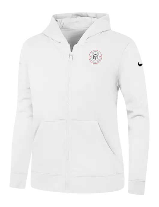 Nike Womens Club Fleece Sleeve Swoosh Full-Zip White Hoodie w/20 Years of Trust Logo