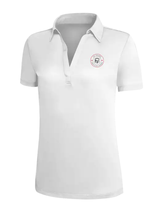 White Silk Touch Womens Performance Polo w/20 Years of Trust Logo