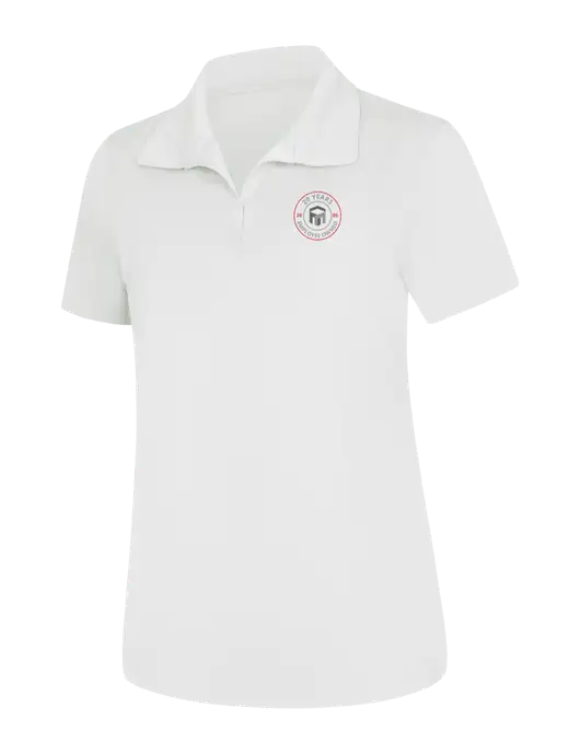 Womens White Micropique Sport-Wick Polo w/20 Years of Trust Logo