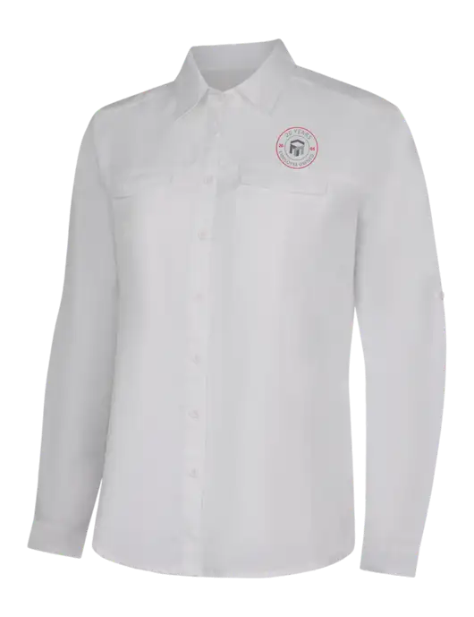 Womens White Long Sleeve UV Daybreak Shirt w/20 Years of Trust Logo